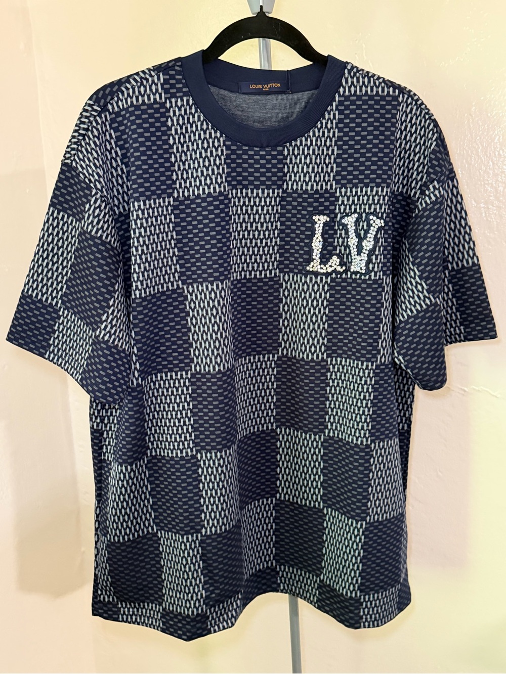 Lv Navy and White Checked Crewneck Sweater with LV Embellishment